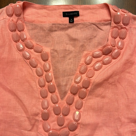 Talbots 100% Linen Pullover Pink Beaded Neckline Tunic - Picture 1 of 9